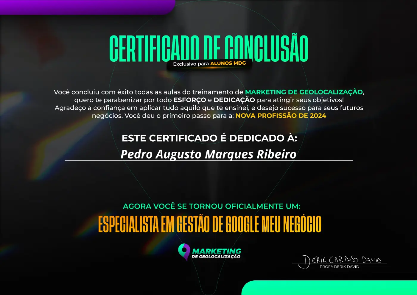 Certificado de Gestão de Google Meu Negócio de Pedro Augusto