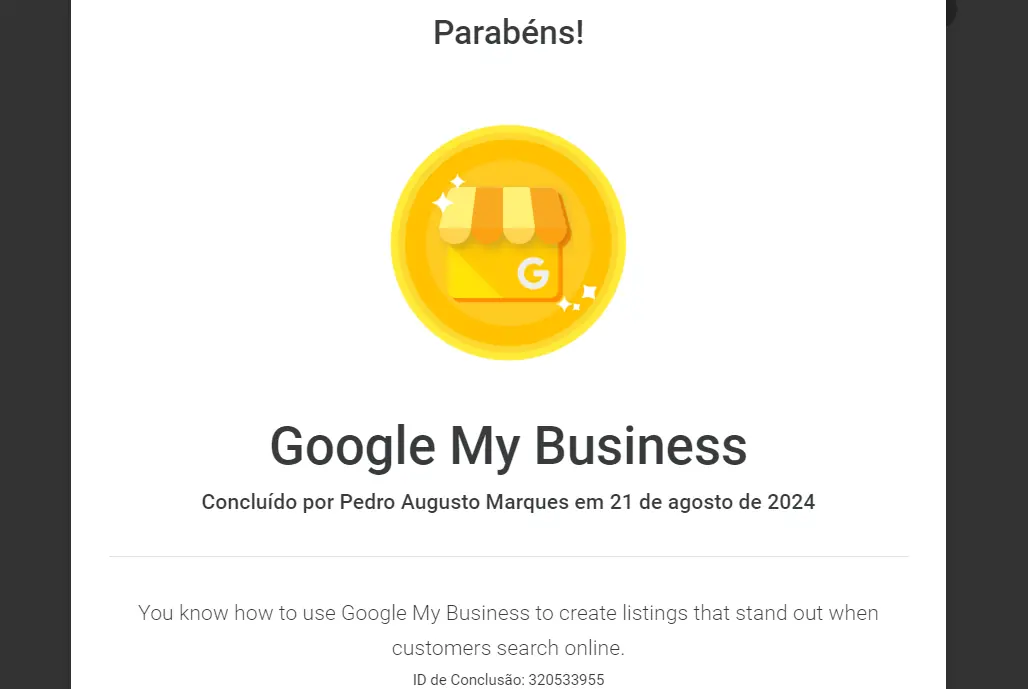 Certificado de Google My Business de Pedro Augusto