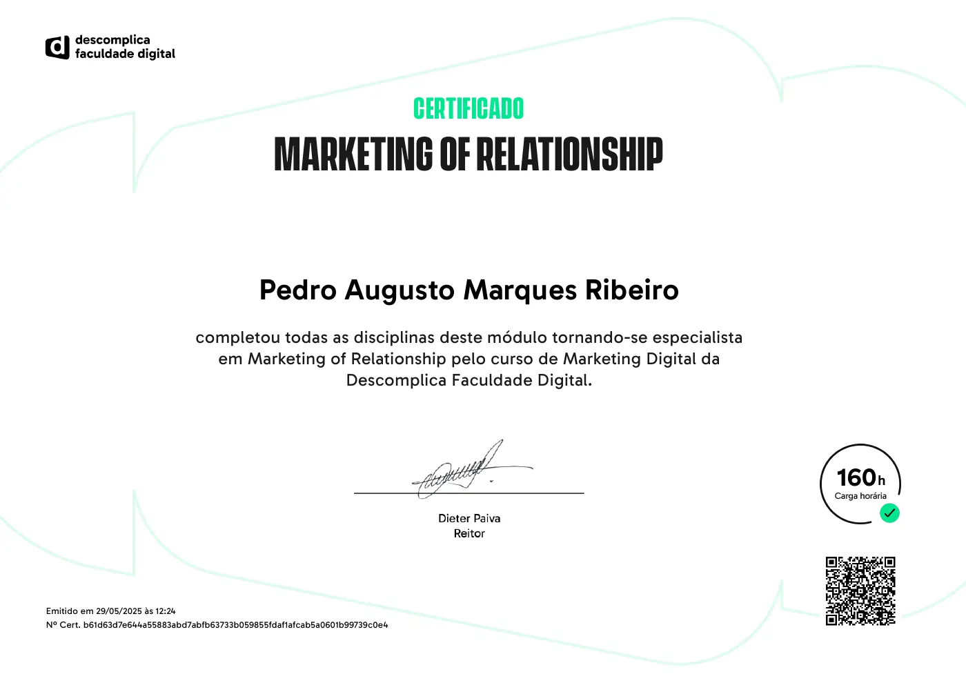 Certificado de Marketing de Relacionamento de Pedro Augusto