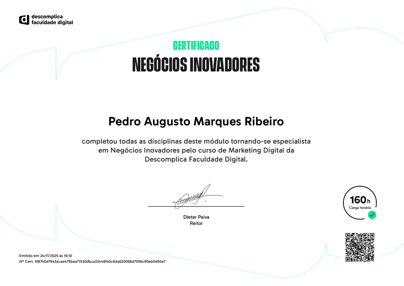 Certificado de Negócios Inovadores de Pedro Augusto
