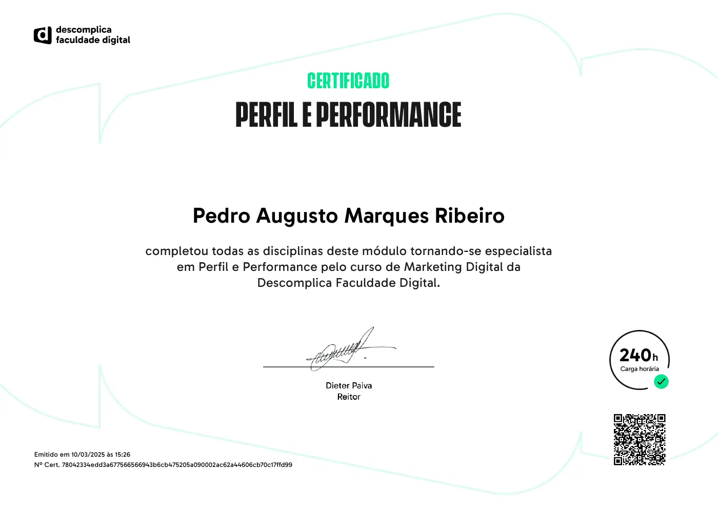 Certificado de Perfil e Performance de Pedro Augusto