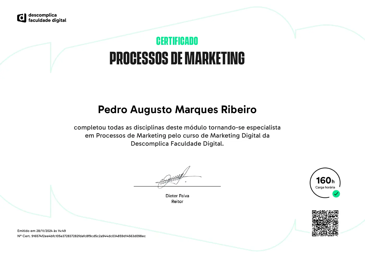 Certificado de Processos de Marketing de Pedro Augusto