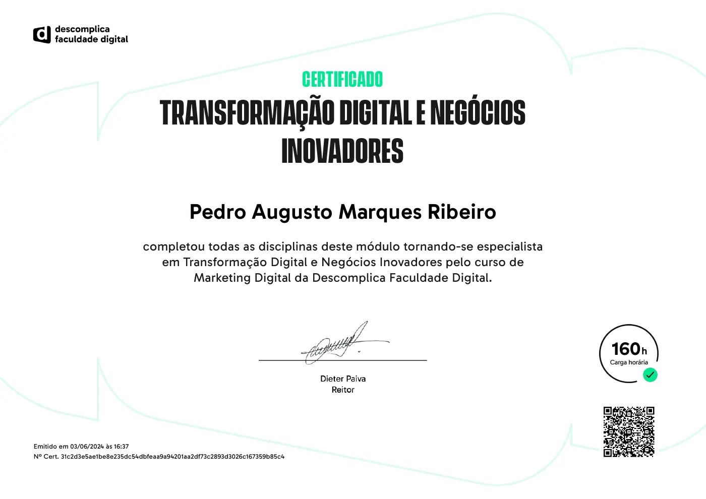 Certificado de Transformação Digital e Negócios Inovadores de Pedro Augusto