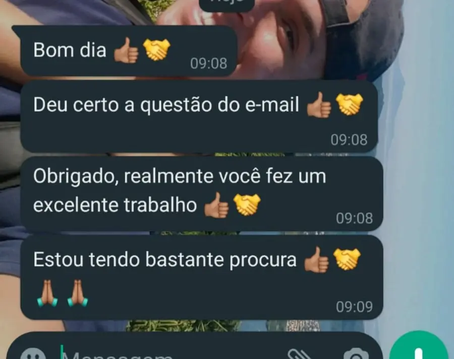 “Obrigado, realmente você fez um excelente trabalho. Estou tendo bastante procura.”: captura real sem recorte